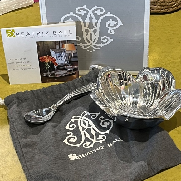 Beatriz Ball Flower Bowl With Spoon Silver 6494 Handmade Retired NIB - Picture 5 of 6